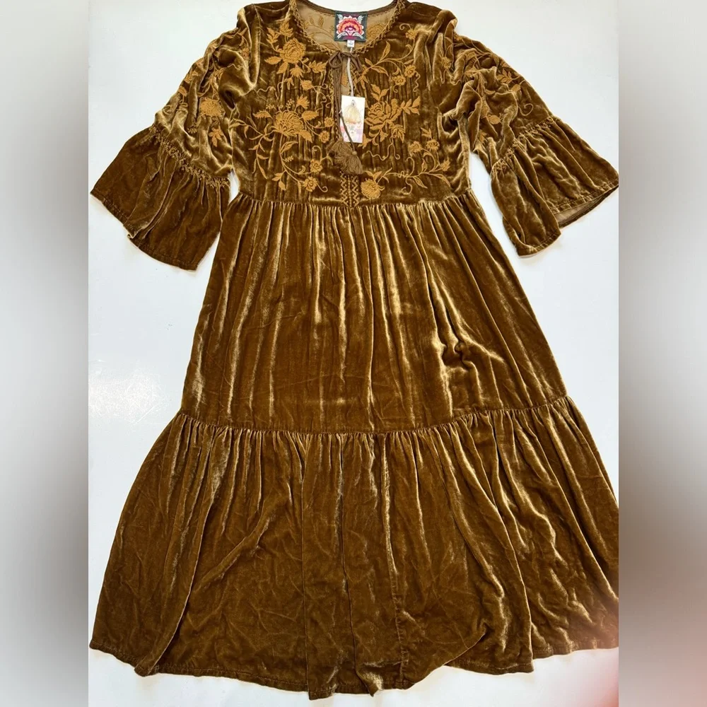 Johnny Was embroidered  Millie Velvet Boho Midi Dress Small Bronze - Picture 3 of 4